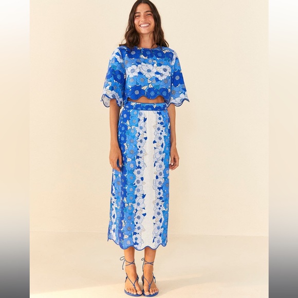 FARM Rio Dresses & Skirts - Farm Rio Blue Flower Stripes Crop Top and Midi Skirt
